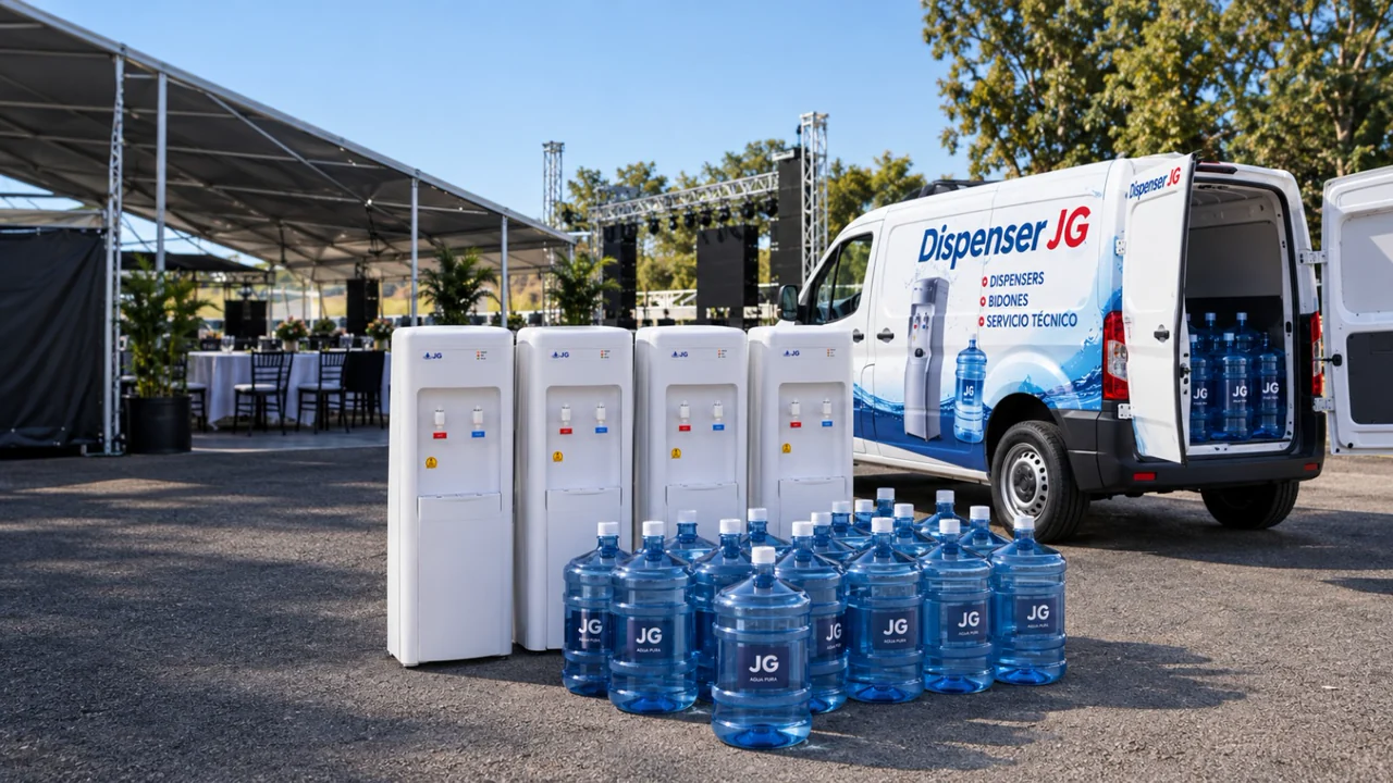 Montaje real de Dispenser JG con dispensers, bidones de agua y vehículo del negocio